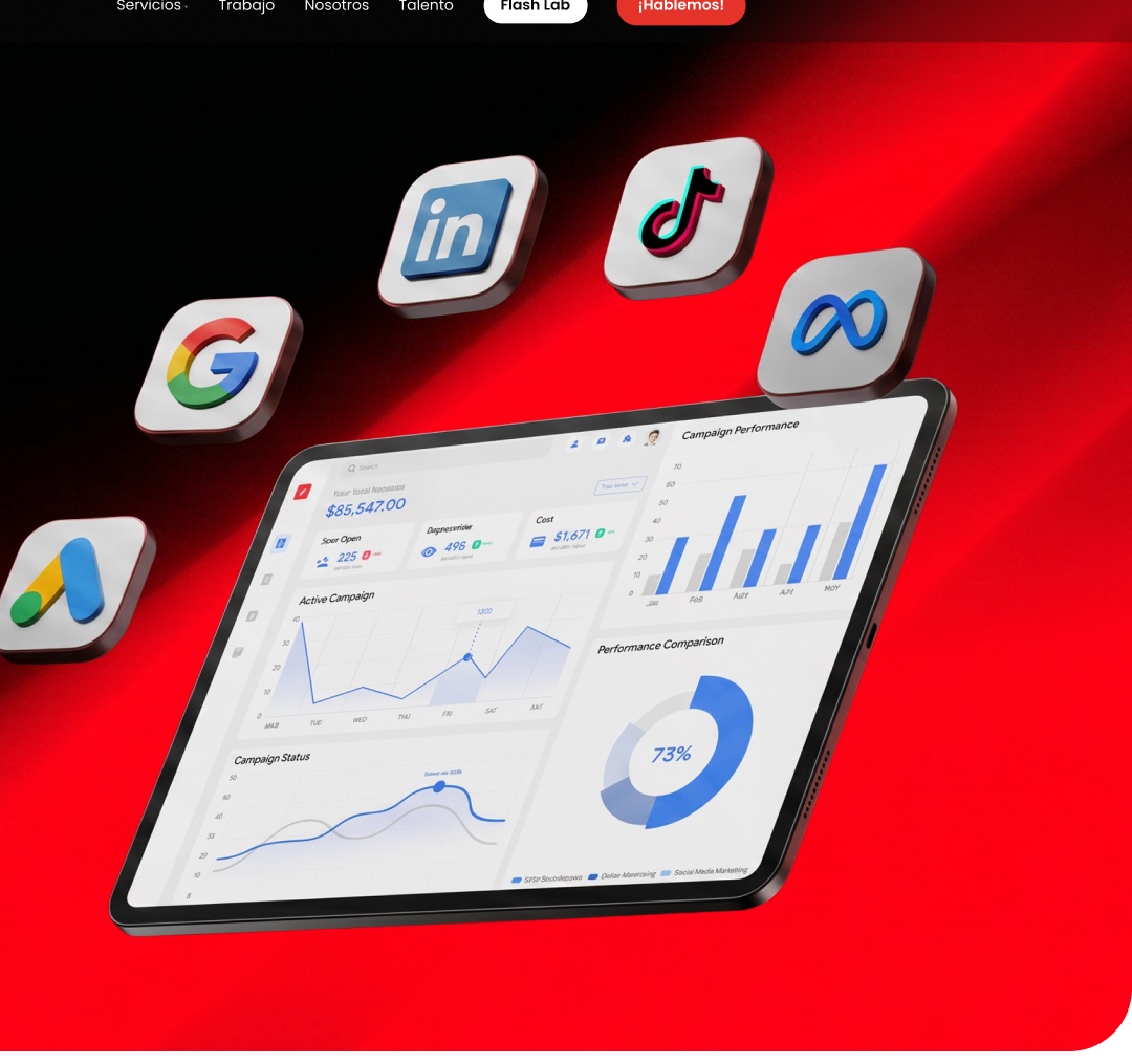 Dashboard de campañas con iconos de Meta, Google, TikTok y LinkedIn